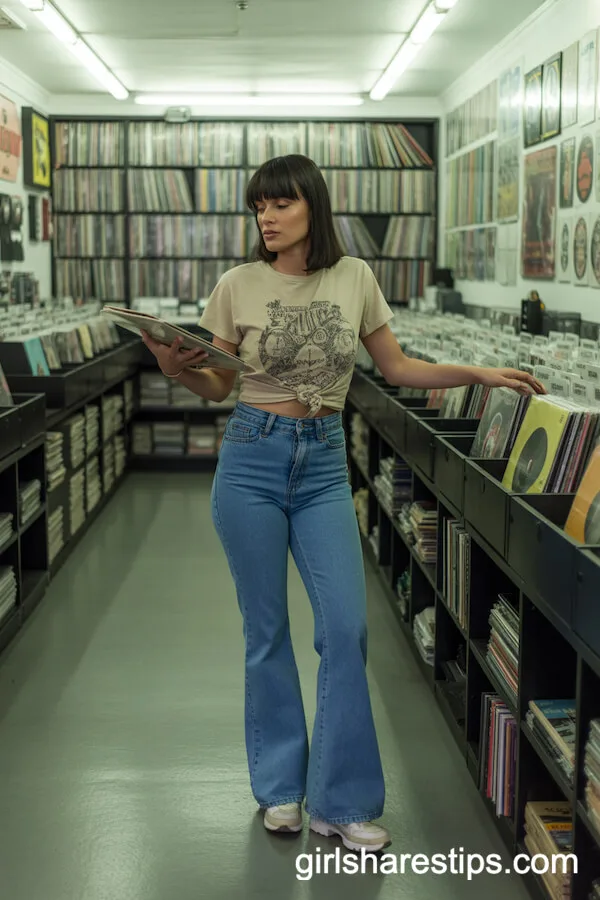 High-Rise Flare Jeans and Vintage Tee for Retro Record Shopping