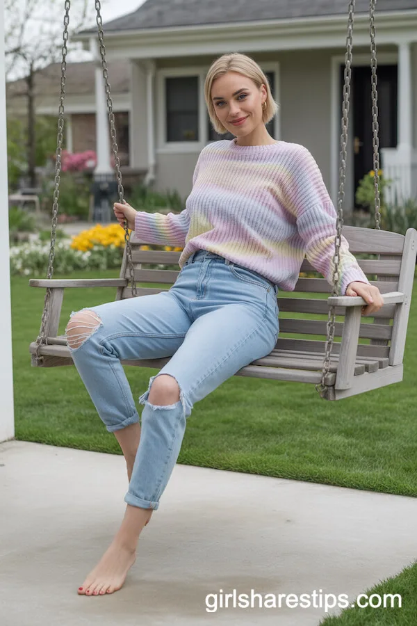 Pastel Sweater and Distressed Jeans for Relaxed Porch Days