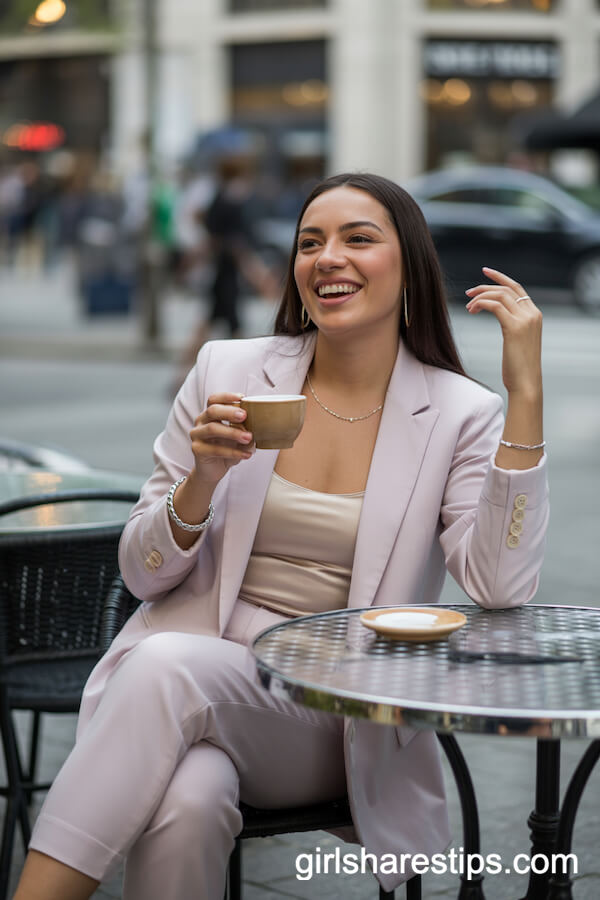 Pastel Blazer and Skinny Trousers for a Chic Café Look