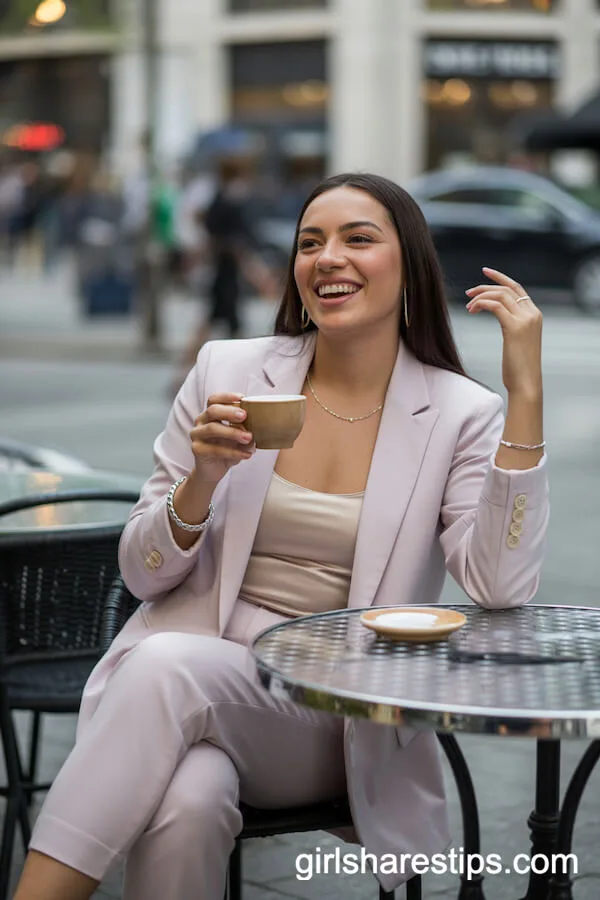 Pastel Blazer and Skinny Trousers for a Chic Caf&eacute; Look