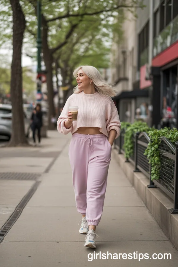Pastel Joggers and Cropped Sweater for Casual Spring Walks