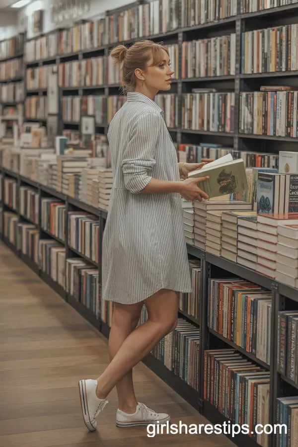 Striped Shirt Dress and White Sneakers for Bookstore Exploring