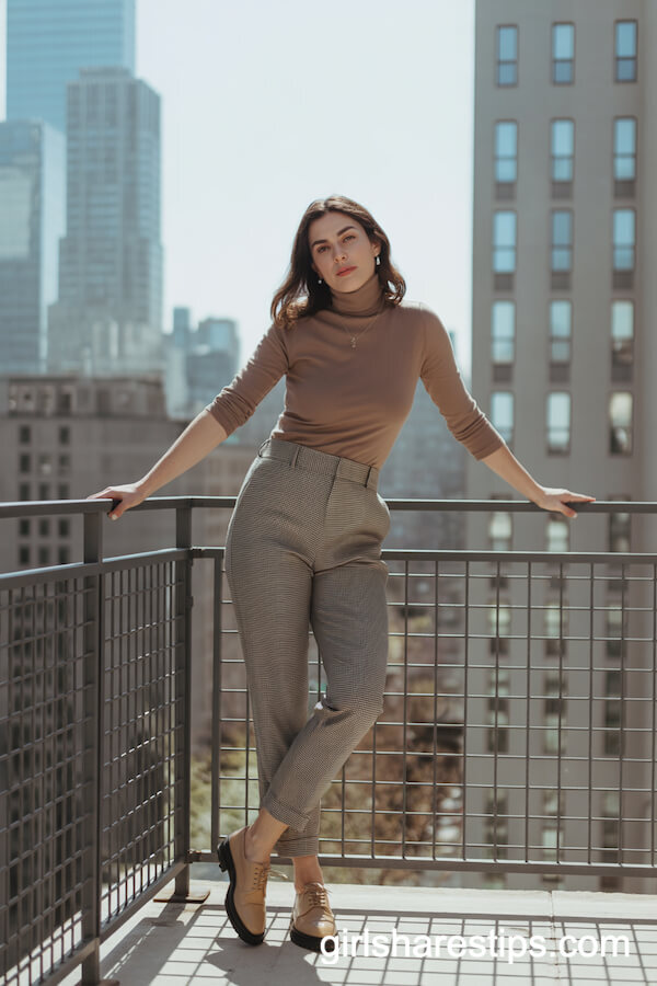 Pastel Blue Button-Down and Black Flared Pants Standout