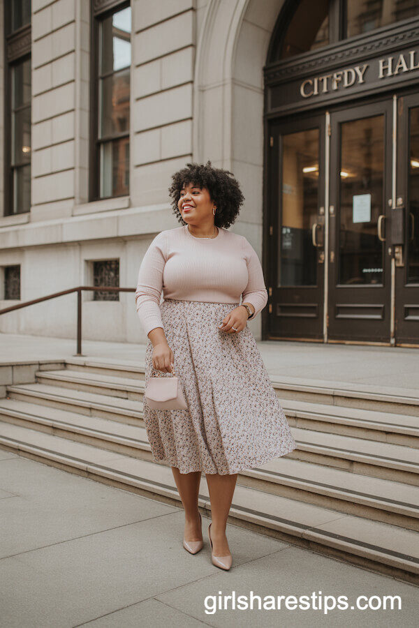 Chic Knit Sweater with Printed Midi Skirt Ensemble