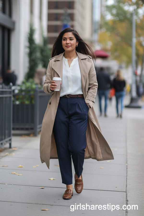 Belted Trench Coat Over Tailored Trousers for Sophisticated Style