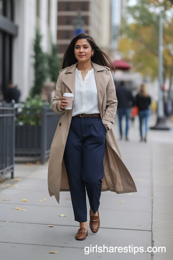 Belted Trench Coat Over Tailored Trousers for Sophisticated Style