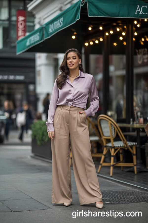 High-Waisted Wide-Leg Pants and Silk Blouse Elegance