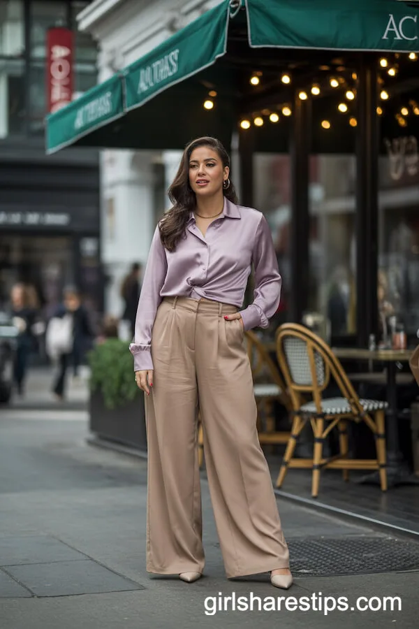 High-Waisted Wide-Leg Pants and Silk Blouse Elegance