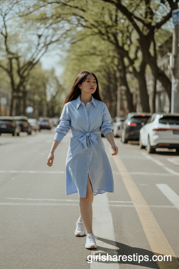 Sky-Blue Shirt Dress with White Sneakers for a Fresh Spring Feel