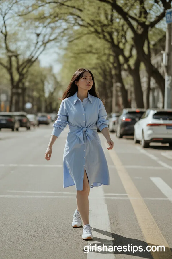 Sky-Blue Shirt Dress with White Sneakers for a Fresh Spring Feel