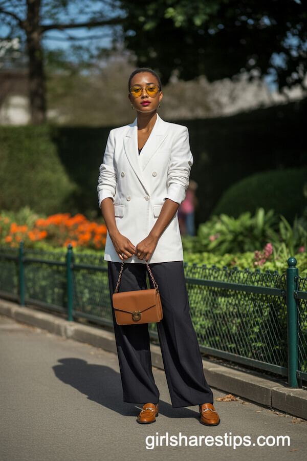 White Blazer with Wide-Leg Trousers and Brown Loafers