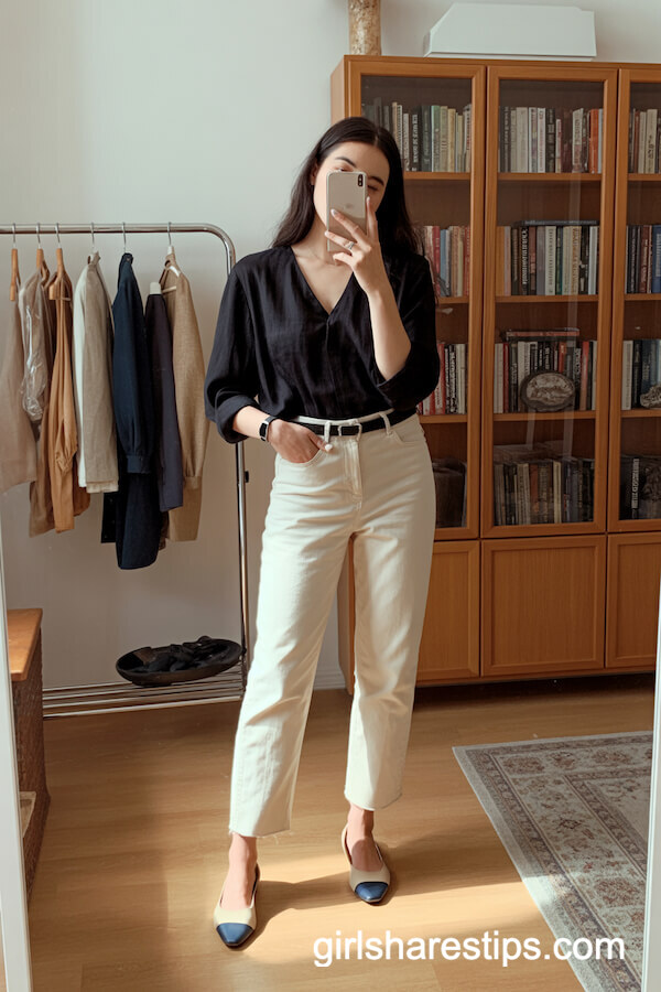 Black Blouse with Cream Jeans and Two-Tone Flats
