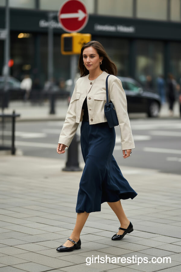 Cream Jacket with Navy Skirt and Mary Jane Flats