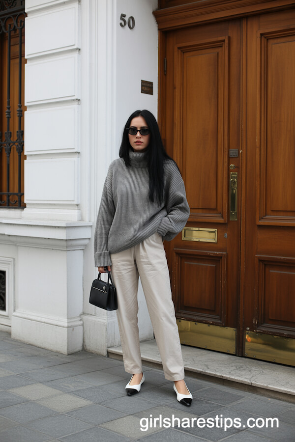 Gray Knit Sweater with Cream Pants and Two-Tone Flats