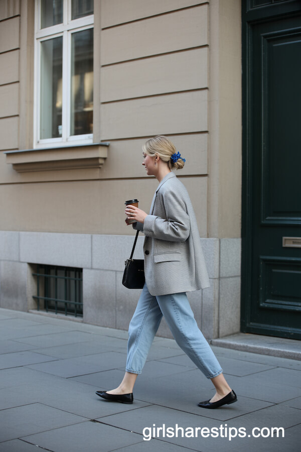 Gray Blazer with Cropped Jeans and Black Ballet Flats