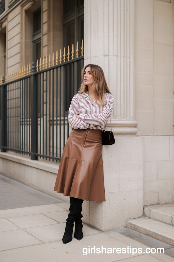 Striped Blouse with Leather Skirt and Knee-High Boots