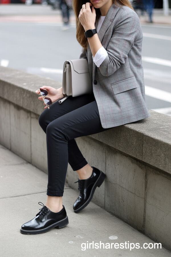 Gray Plaid Blazer with Black Jeans and Oxford Shoes
