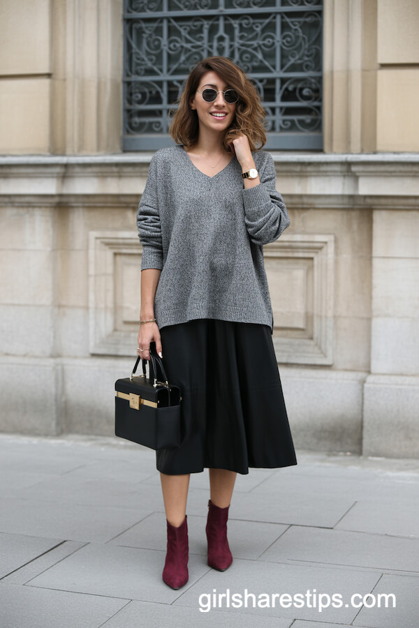 Gray Sweater with Black Skirt and Burgundy Ankle Boots
