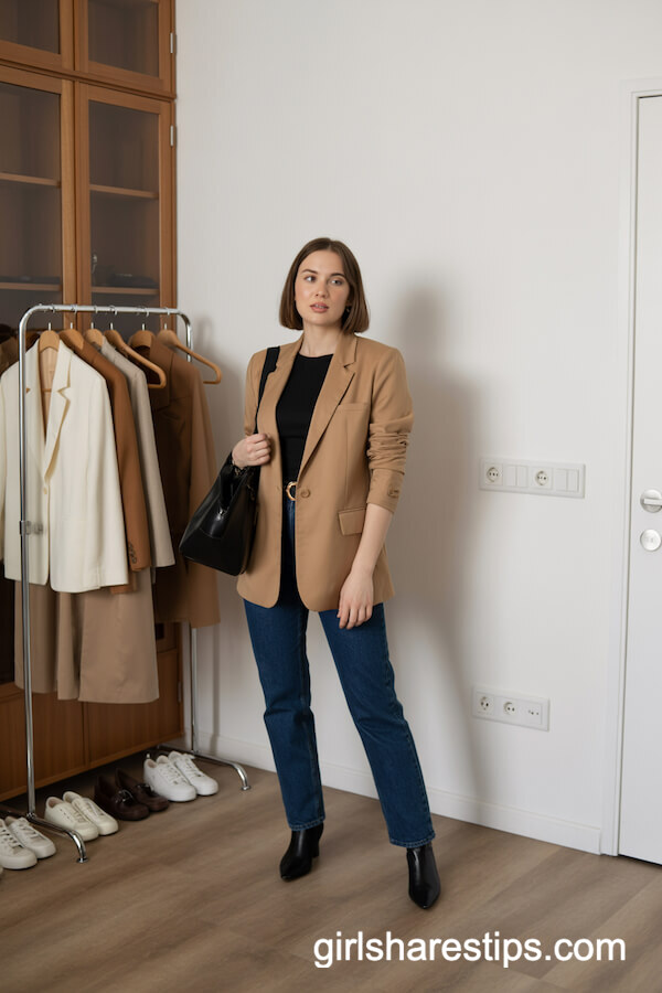 Camel Blazer with Dark Jeans and Black Ankle Boots