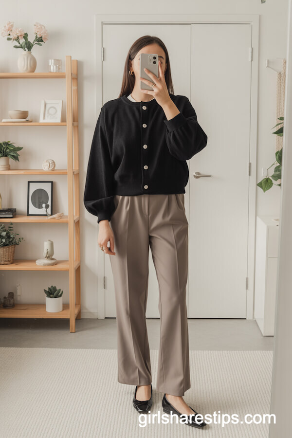 Black Cardigan with Wide-Leg Pants and Ballet Flats