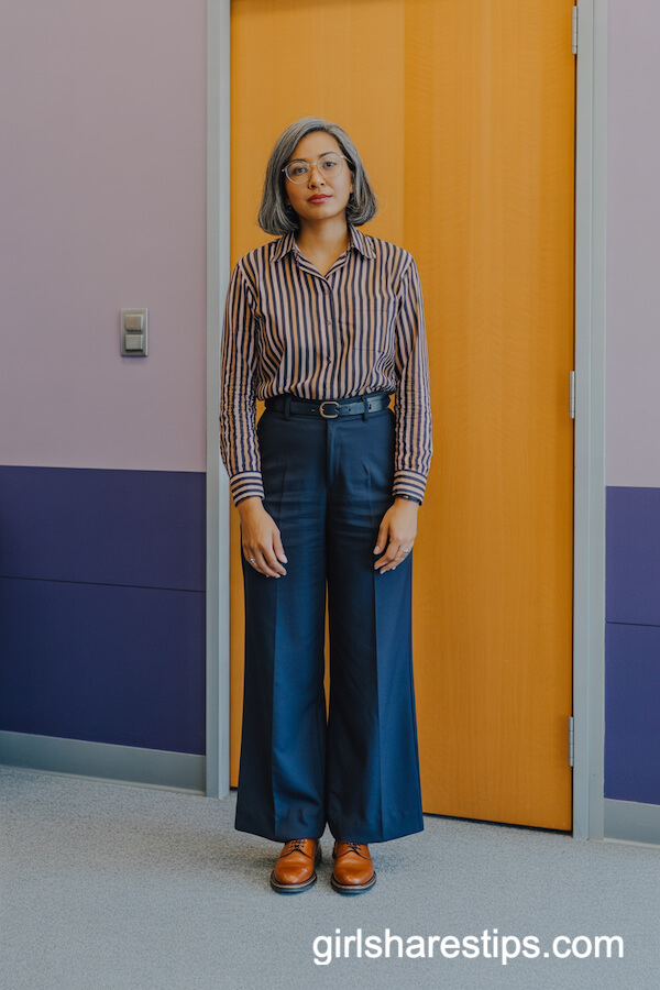 Striped Shirt with Navy Trousers and Brown Oxford Shoes