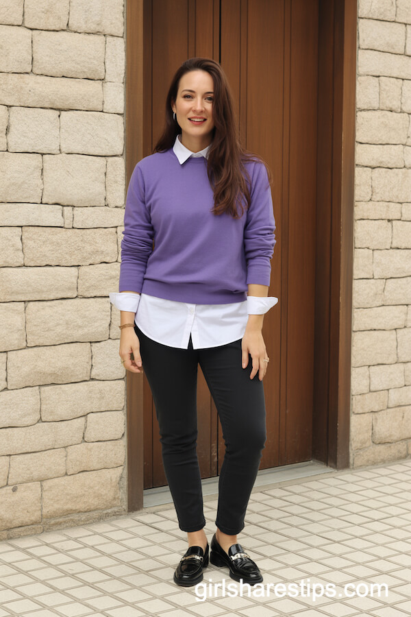 Purple Sweater with Black Pants and Leather Loafers