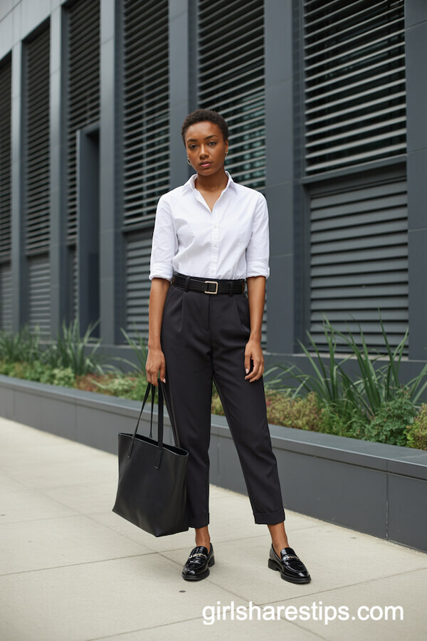 White Shirt with Black Trousers and Black Loafers