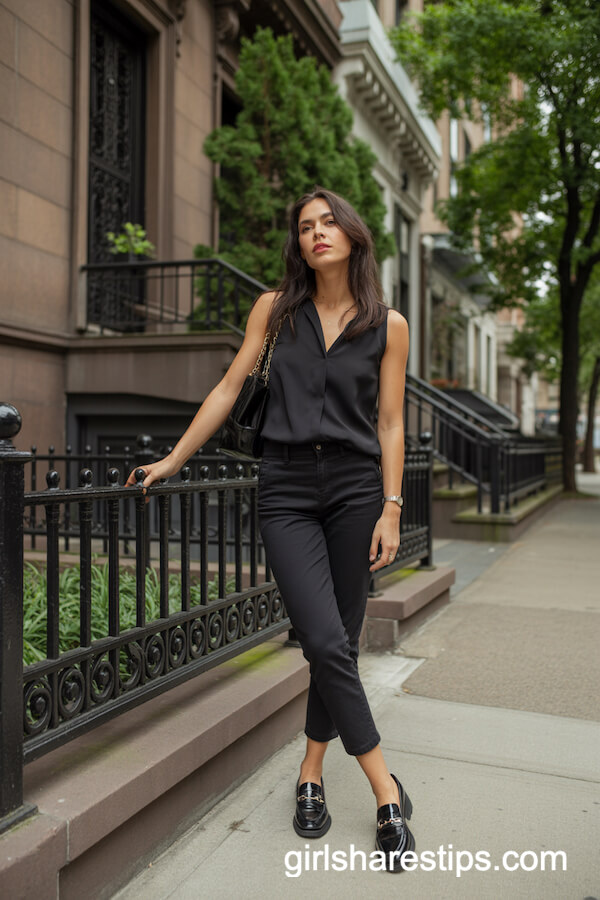 Black Sleeveless Top with Cropped Pants and Loafers