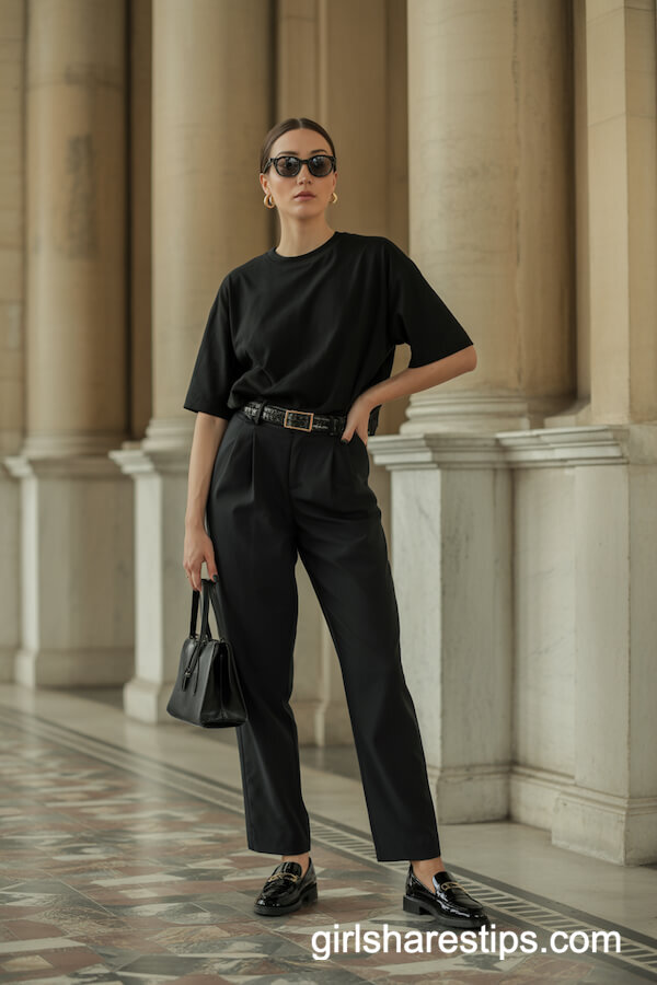 All Black Outfit with Patent Loafers