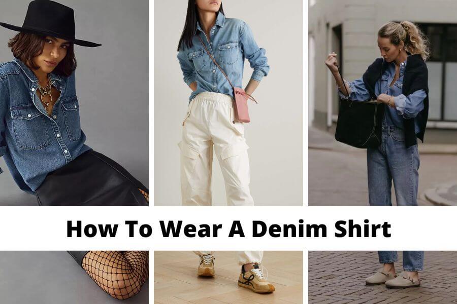 collage of outfit ideas on how to wear a denim shirt female