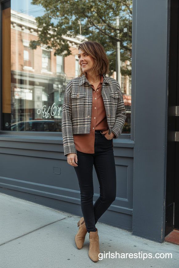 Rust Shirt With Plaid Jacket Black Jeans And Tan Suede Ankle Boots