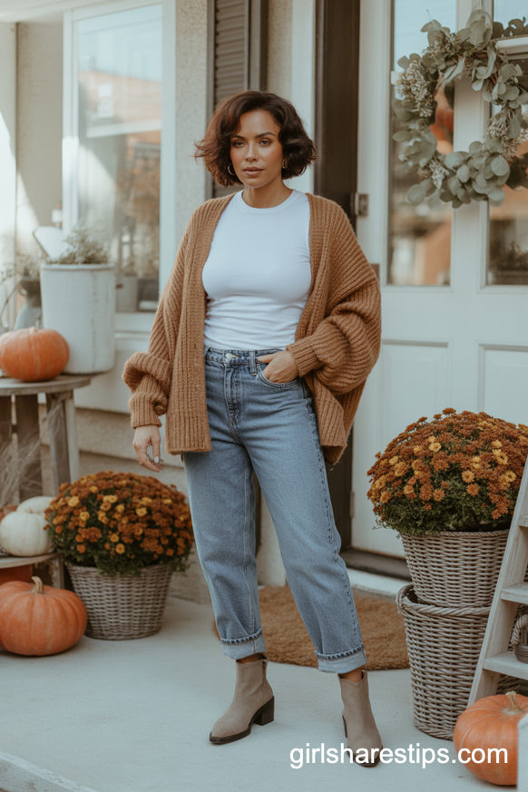 Boyfriend Jeans With Taupe Slouchy Ankle Boots And Cozy Cardigan