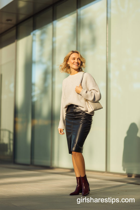 Black Faux Leather Skirt With Burgundy Ankle Boots And Light Sweater