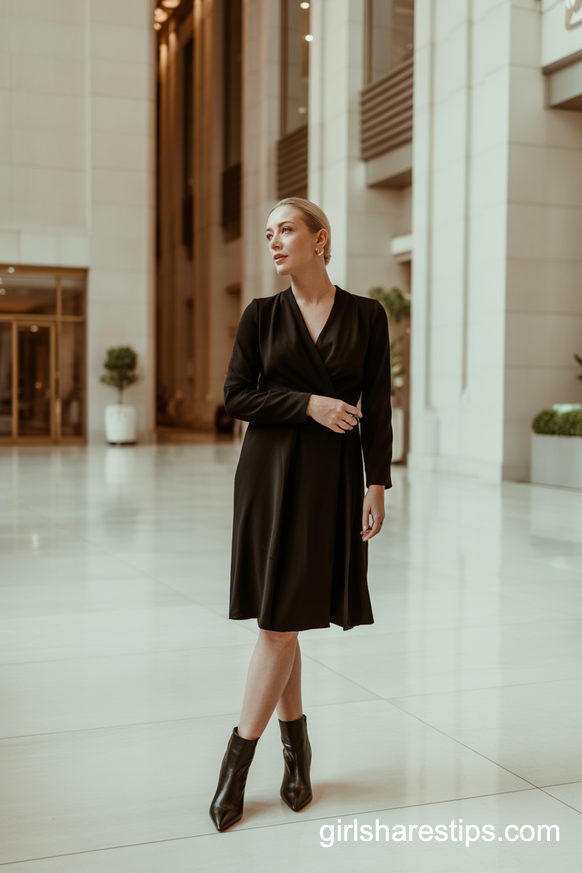 Black Wrap Dress With Sleek Pointed Black Ankle Boots