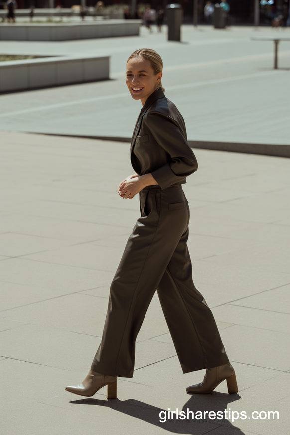 Wide-Leg Black Jumpsuit With Brown Stacked-Heel Ankle Boots