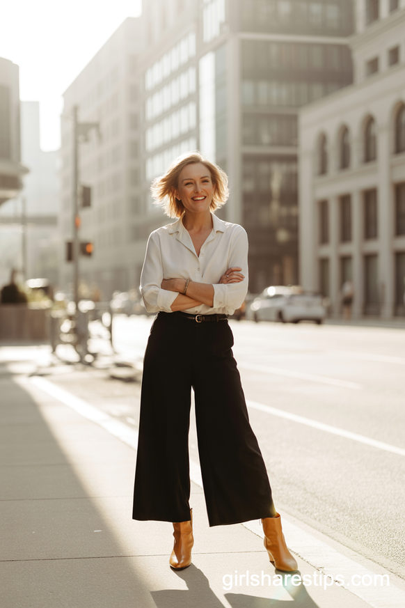 Black Culottes With Cognac Ankle Boots And White Button-Down