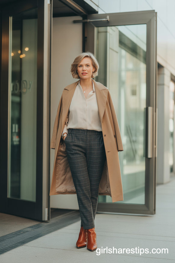 Gray Plaid Trousers With Brown Boots And Camel Trench Coat