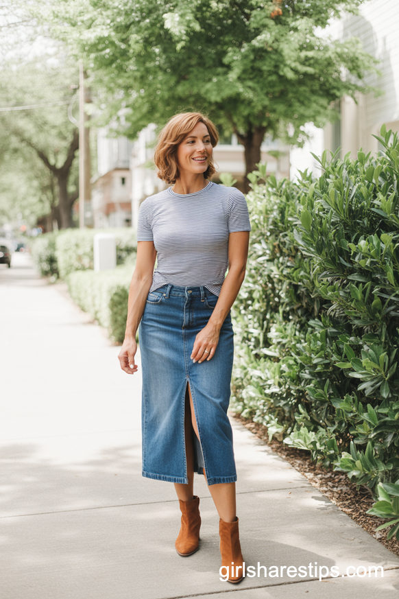 Denim Midi Skirt With Brown Suede Ankle Boots And Striped Tee