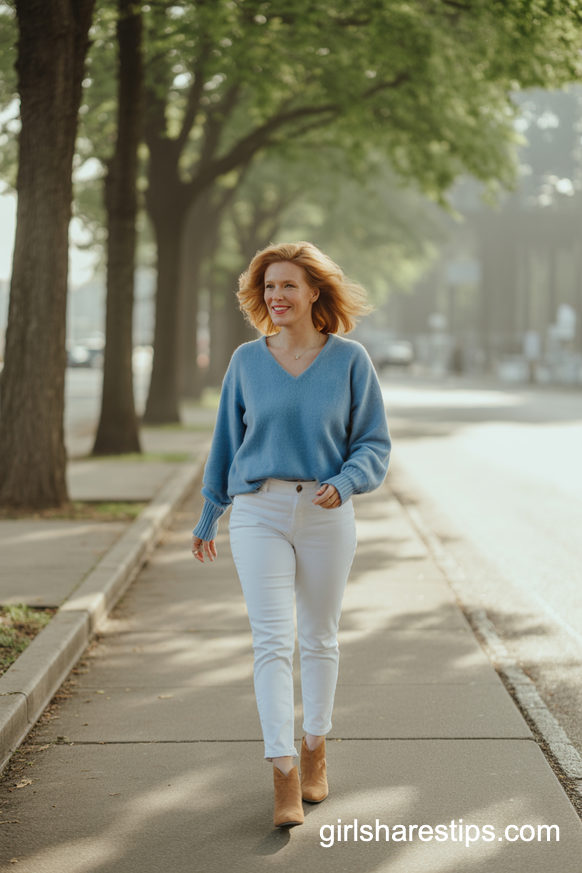 White Skinny Jeans With Sand Suede Ankle Boots And Blue Sweater