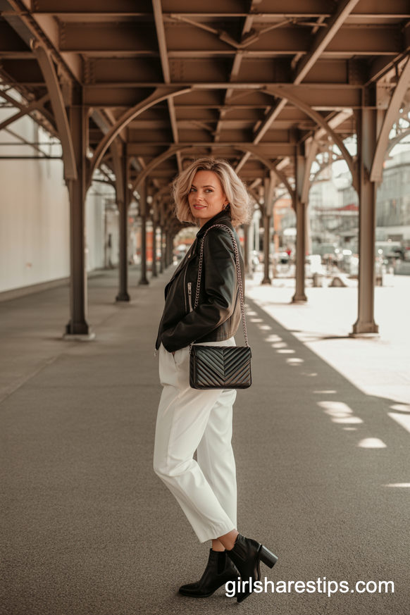 Black Leather Jacket With White Pants And Classic Black Ankle Boots