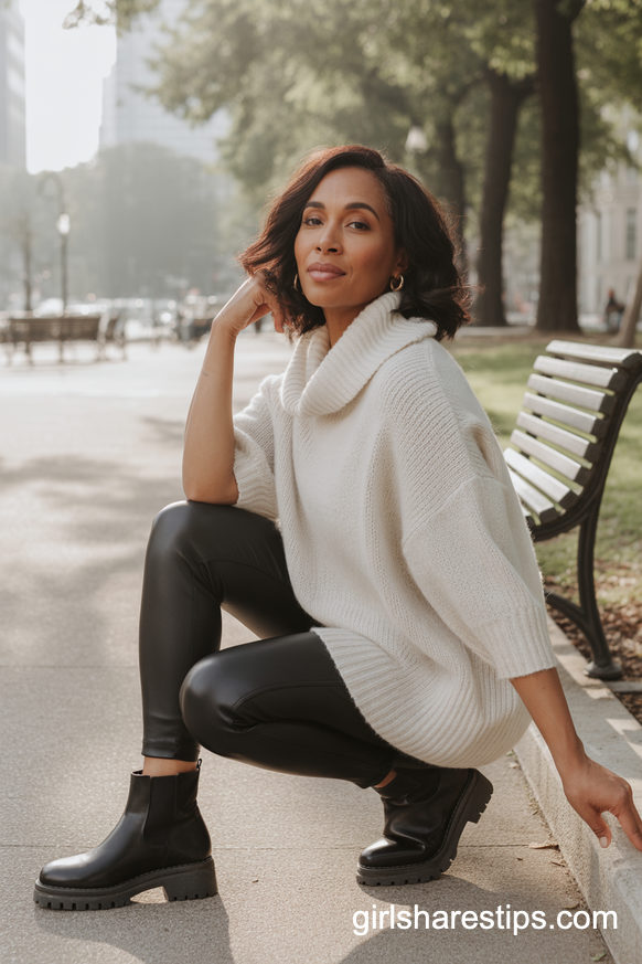 Black Leather Leggings With Chunky Ankle Boots And Cozy Turtleneck