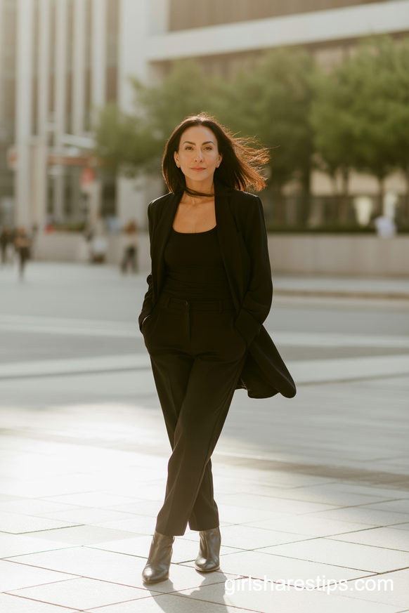 All-Black Tailored Trousers With Sleek Ankle Boots And Longline Blazer