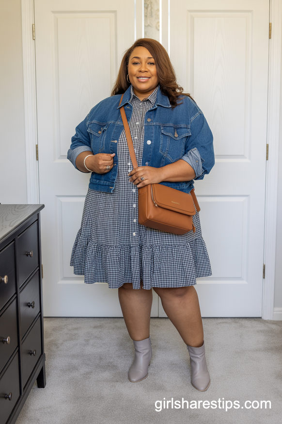 Gingham Tiered Dress With Denim Jacket And Light Gray Ankle Boots