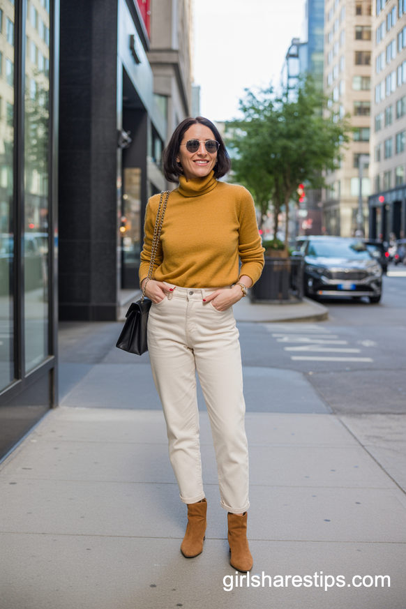 Mustard Turtleneck With Cream Jeans And Brown Suede Ankle Boots