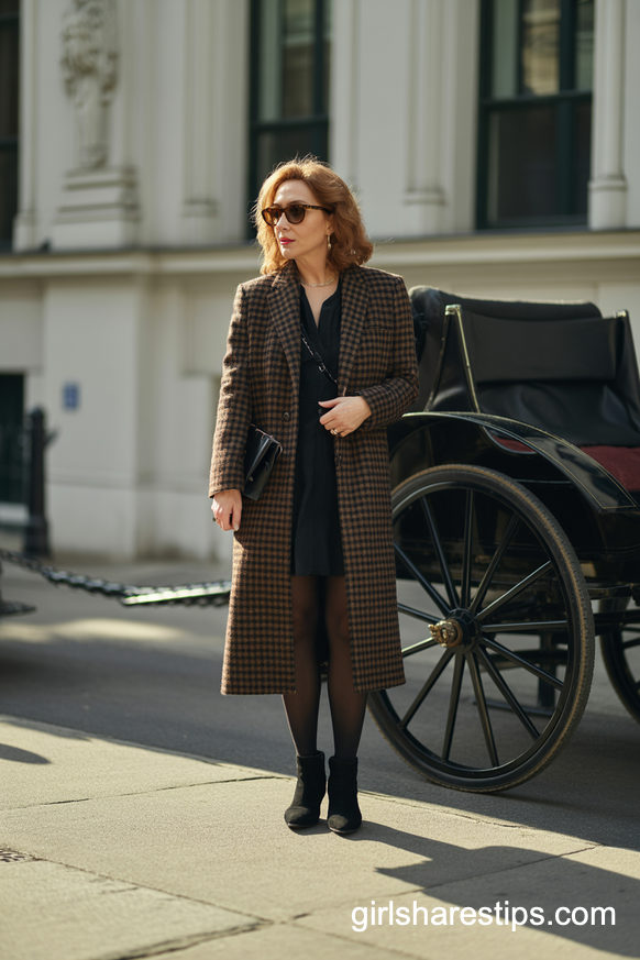 Plaid Long Coat With Black Dress Tights And Black Ankle Boots