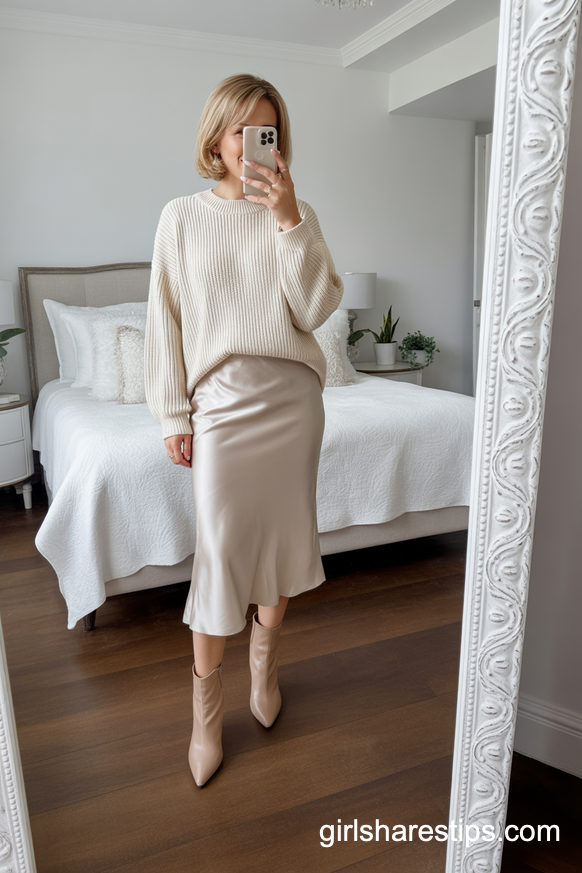 Monochrome Cream Sweater And Satin Skirt With Nude Ankle Boots