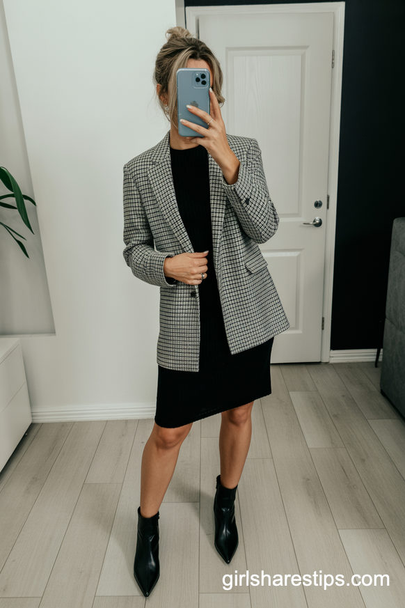 Black Dress With Check Blazer And Sleek Black Ankle Boots