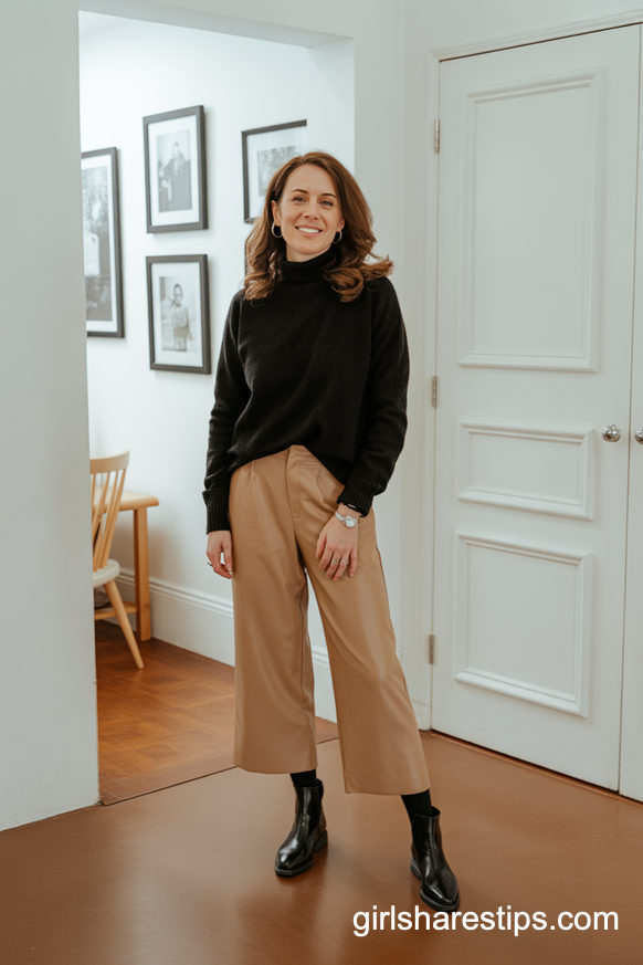 Black Turtleneck With Camel Wide-Leg Crops And Black Ankle Boots