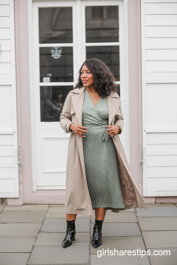 Chic Sage Wrap Dress With Classic Black Ankle Boots