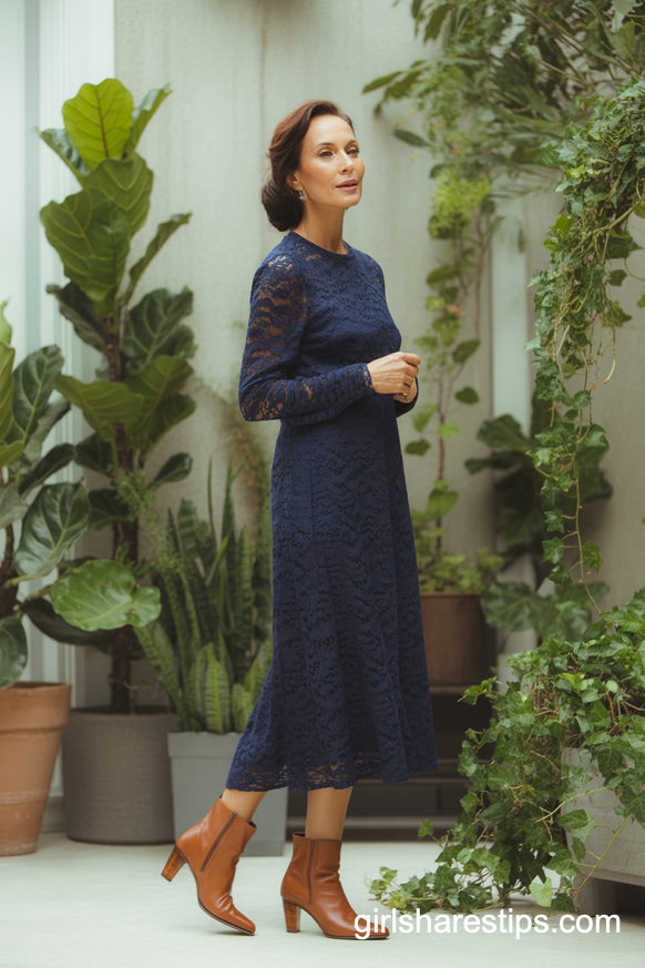Navy Lace Dress With Classic Leather Ankle Boots